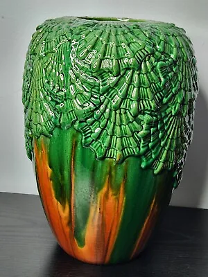 Buy Vintage Majolica Babotine Pottery 11  Vase Embossed Mussel Seashell Green Orange • 74.55£