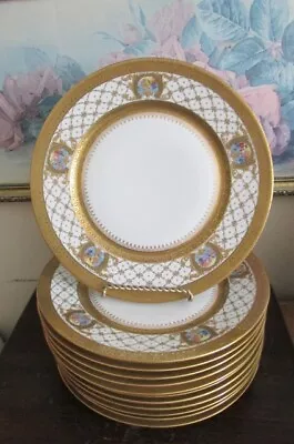 Buy Limoges France Set Of 12 Hand Painted Dinner Plate Raised Gold Roses Flowers • 1,164.91£