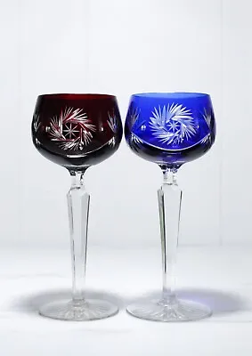 Buy 2 Antique Bohemian Czech Cut To Clear Deep Ruby/Cobalt Crystal Wine Water Goblet • 59.20£