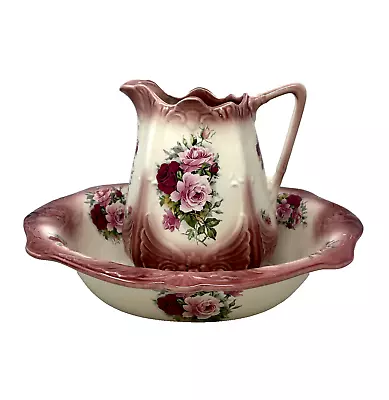 Buy Vintage Victorian Style Wash Bowl Jug Set Pink Floral Ceramic Made In England • 27.99£