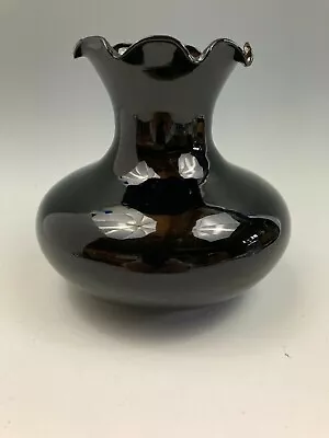 Buy Vintage Black Amethyst Glass Bulbous Ruffled Top 6 Inch Tall Vase • 34.95£