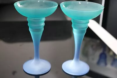 Buy 2xVintage Rastal Light Blue & Green Frosted Glass Candle Holders H-15cmW-9cm Rim • 16£