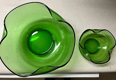 Buy Vintage Anchor Hocking Avocado Green Glass Chip And Dip Scalloped Bowl Set • 8.39£