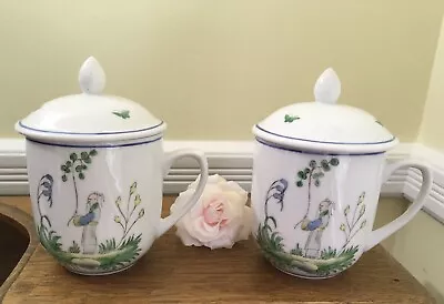 Buy Tea For 2! Porcelain Mugs-Cups With Lids ~ White & Blue Floral & Chinese Gardner • 11.20£