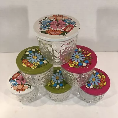 Buy Vintage 6 Ball Quilted Crystal Glass Jelly Jars W/ Metal Flower Lids 1970s 3   B • 32.61£