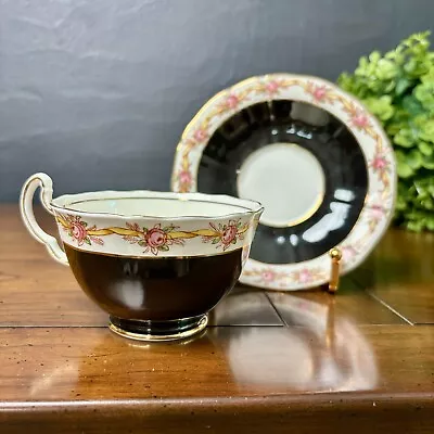 Buy Vtg Adderley Bone China Lawley England 295/B Black Gold Rose Tea Cup Saucer Set • 29.88£