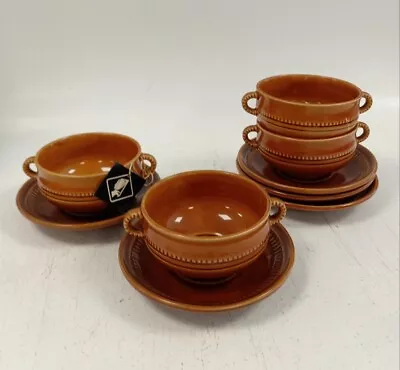 Buy Prinknash England Soup Set Amber Brown Toned Dual Handled With Saucers • 4.99£