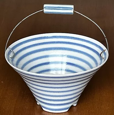 Buy Handmade Ceramic Berry Bowl Colander Strainer Handle White & Blue Striped • 15.50£