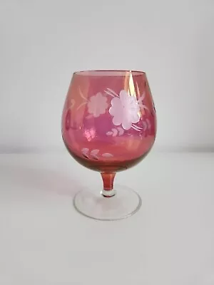 Buy Vintage Cranberry Etched  Flowers & Leaves Brandy Balloon Snifter Glass 5.5  • 4.99£