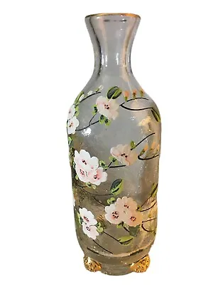 Buy Vintage Landtee Art Hand-painted Crackle Glass Vase Pink Flowers Gold READ • 74.55£