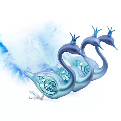 Buy 3 Blown Glass Swan Christmas Tree Ornaments Feather Tail Turquoise Czech • 74.55£