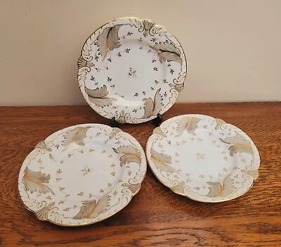 Buy Rockingham C1830 Set Of 3 Dessert Plates 1168 Grey & Gold Feathered Flourishes 8 • 30£