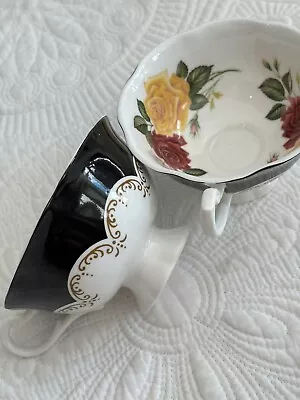 Buy Queens Fine Bone China  Ebony Floral Roses Made In England Tea Cup X 2 Vintage • 24.43£