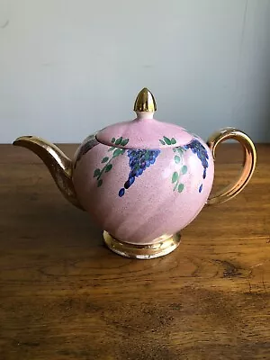 Buy Ellgreave Pottery Teapot Burslem , Hand Painted Grape Design Pink And Gold • 12£