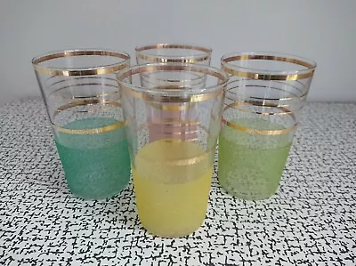 Buy 50s 60s Retro Vintage Kitsch Coloured Frosted Gold Drinking Glasses Set 4 MCM • 20£
