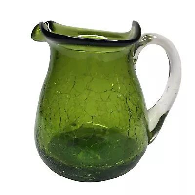 Buy Vintage Green Hand Blown Crackle Glass Pitcher With Applied Clear Glass Handle • 11.18£