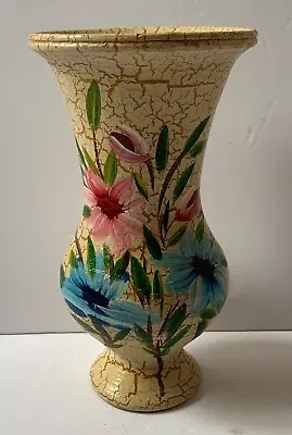 Buy Vintage Vase Hand Painted Flowers Ceramic 1950’s Crackle Glazed Pottery • 10£
