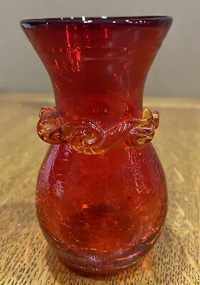 Buy Vintage Mid Century Modern Ruby Crackle Vase Red To Red Amber Band Art Glass￼ • 22.36£