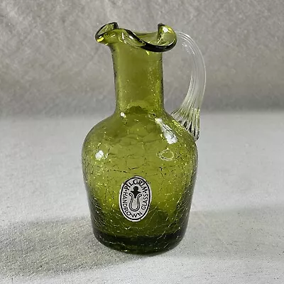 Buy Vintage Pilgrim Glass Hand Blown Green Crackle Glass Pitcher Applied Handle • 23.34£