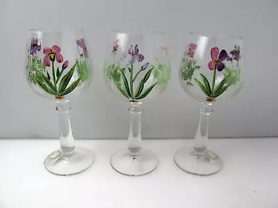 Buy Purple Iris Crackle Glass Wine Glasses Hand Painted 3 In Set 8” Made Romania • 27.96£