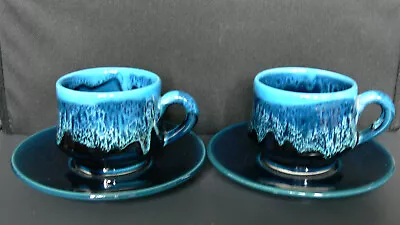 Buy Blue Mountain Pottery Pair Cups & Saucers Blue/Green Black Glaze • 12£