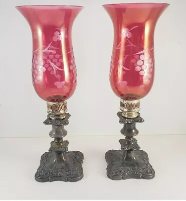 Buy Pair Of Etched Cranberry Hurricane Glass Candlesticks On Ornate Heavy Metal Base • 163.09£