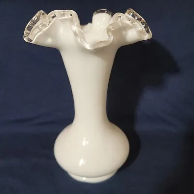 Buy White Fenton Vase Scalloped Clear Glass Edges 8.25” H X 5.25” 1970s • 27.01£
