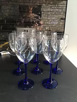 Buy Vintage Set  8 Large French Luminarc Cobalt Blue Stemmed Wine Glasses 20.5cm • 35£