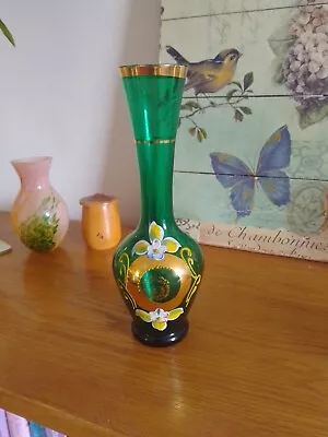 Buy Vintage Bohemian Emerald Green Glass Hand Painted Bud Vase Gold Accents 8   Tall • 4.50£