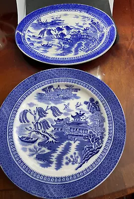 Buy Antique Cauldron Bone China Willow Pattern Blue & White Salad & Serving Plate • 2.99£