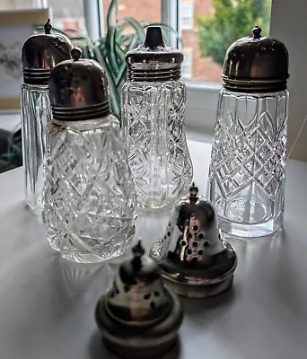 Buy Set Of 4 Vintage Cut Glass Sugar Shakers. Silver Plated Tops. Plus 2 Spare Tops. • 5£