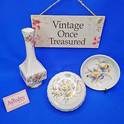 Buy 3 X AYNSLEY Giftware * JUST ORCHIDS Trinket Box & Pin Dish Plus GROTTO ROSE Vase • 8£