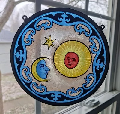 Buy Vintage Stained Glass Window Sun Light Catcher Man Moon Face Celestial Blue 7.5  • 93.18£