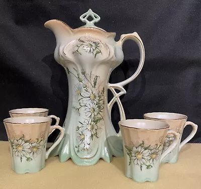 Buy Vintage Antique Porcelain Tea Set Teapot Cups Peach Green Floral Daisy Nouveau • 60.58£