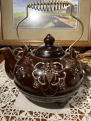 Buy Vintage Hand Painted Brown Glazed Red Ware Teapot~Wire Handle~Moriage~Japan~Gift • 36.96£