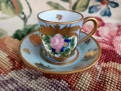 Buy Antique Limoges Sevres? Painted Floral Rose Gold Demitasse Porcelain Cup Saucer • 41.94£