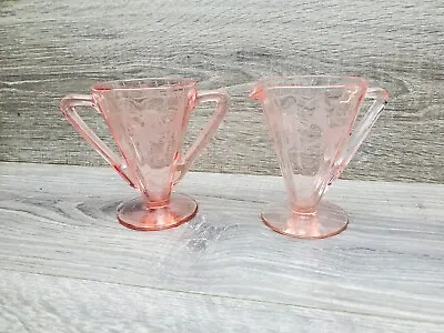 Buy Vtg Pink Depression Etched Elegant Glass Cream & Sugar Set • 18.66£