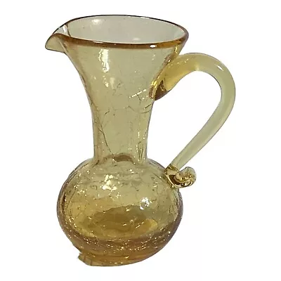 Buy Vintage Amber Crackle Art Glass 5” Pitcher Or Vase Hand Blown W/ Applied Handle • 23.63£