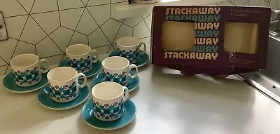 Buy 6 X Staffordshire Potteries Retro Vintage Aqua Teal Cup & Saucer Boxed Stackaway • 9.99£