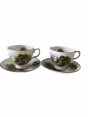 Buy X2 Royal Vale Thatched Cottage Cups And Saucers Bone China Made In England • 15£