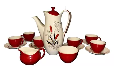 Buy Vintage Crown Clarence Red Rush Coffee Set Bone China Floral 16 Piece Set Retro • 73.29£