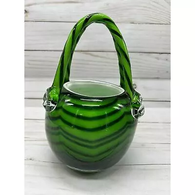 Buy Vintage Laguna Art Glass Green Striped Handbag Vase Watermelon White Interior • 14.90£