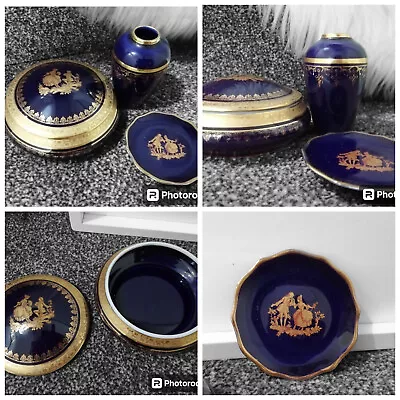 Buy Limoges Porcelain Trinket Box Vase & Dish Dark Cobalt Blue & Gold • 16.99£