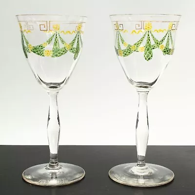 Buy Theresienthal Wine Glasses Art Nouveau Pair Enamelled Garland Decorations, 1900s • 120£