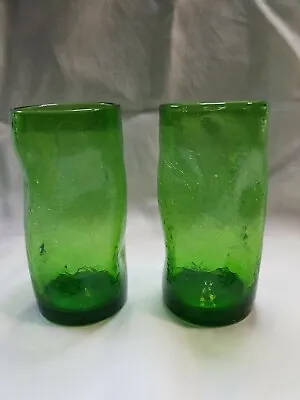 Buy 2 Hand Blown Emerald Green Crackled Thumbprint Drinking Glasses Highball VINTAGE • 23.29£