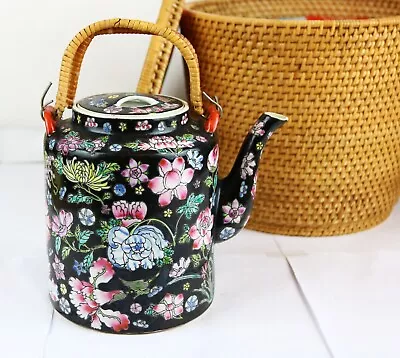 Buy Antique Chinese Famille Rose Noir Teapot-kettle With Original Wicker Basket • 32£