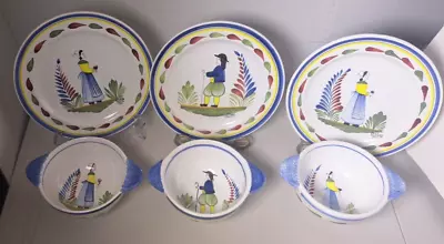 Buy Keraluc Quimper Pottery 3 Lugged Cereal Bowls 3 Salad Plates - Made In France • 88.53£