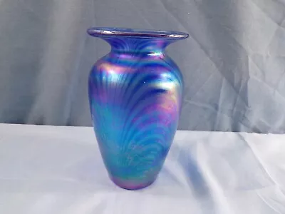Buy Blue Iridescent Studio Art Glass Vase W/ Drape Drapery Design 5 1/2  Tall • 18.66£