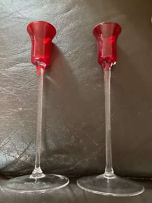 Buy Two Red And Clear Glass Candlesticks • 5£