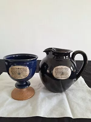 Buy Vintage Stoneware  Pottery Chatsworth Black Jug / Pitcher & Dark Blue Goblet • 14.75£